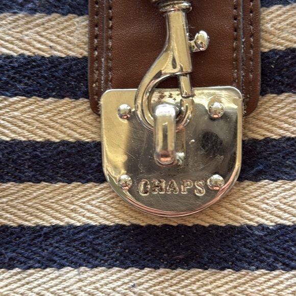 Chaps Ralph Lauren Preppy Nautical Stripe Crossbody Bag Navy Cream & Brown Trim - Picture 8 of 13